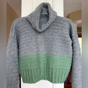 Gray and Green Women’s Handmade Crocheted Cropped Pullover Cowl Neck Sweater.